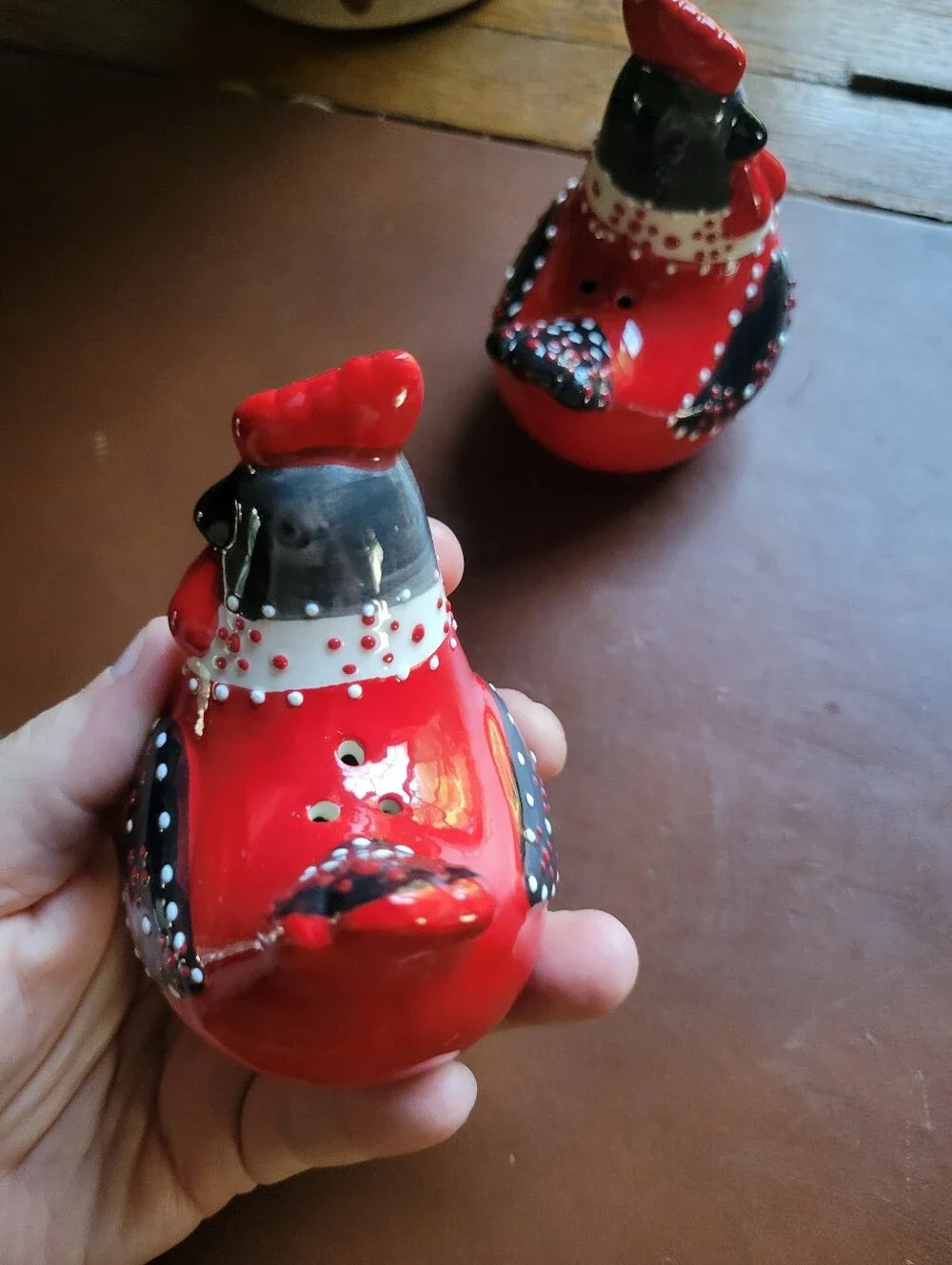 Ceramic Chicken Shaped Polka Dot Salt & Pepper Shakers Black White Red Set